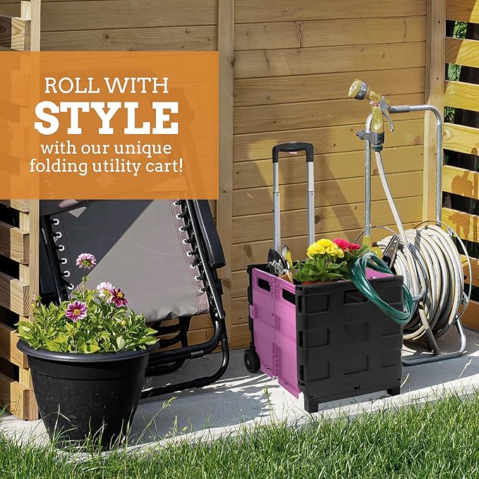 Inspired Living Ultra-Slim Rolling Collapsible Storage Pack-N-Roll Utility-carts, with Telescopic Handle, for Home, Garden, Shopping, Office, School use, Medium, Pink & Black