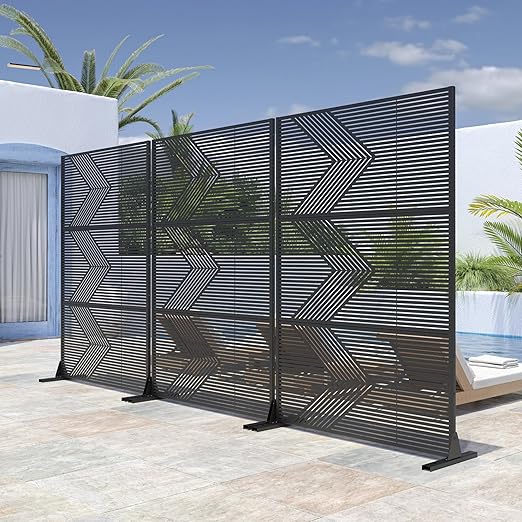 Casaphoria 72" H x 47" W Metal Outdoor Privacy Screen, Freestanding Decorative Divider for Patio, Deck, Balcony, and Garden with Stable Base, Black-Cedric