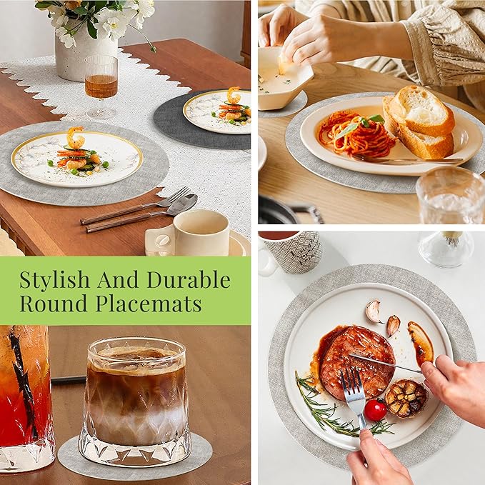 13-Inch Faux Leather Round Placemats Set of 4, Waterproof Anti-Slip Dual Sided Place mats, Heat Resistant Washable Table Mats with Coaster, Suitable for Indoor & Outdoor (4, Black Light Gray)