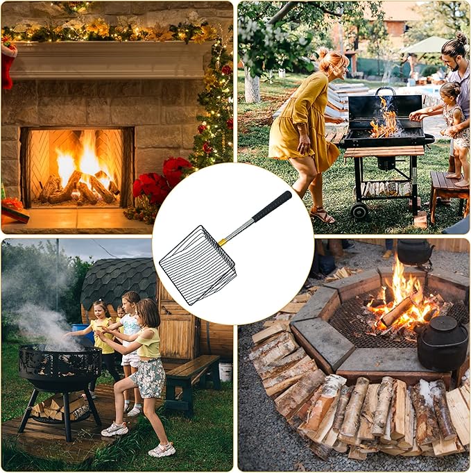 Hollow Out Fireplace Shovel Black Metal Coal Shovel Fireplace Ash Sifter Scalable Stainless Steel Handle with Silicone Protector to Prevent Burns, Fireplace Tools for Woodstove to Separate Coals