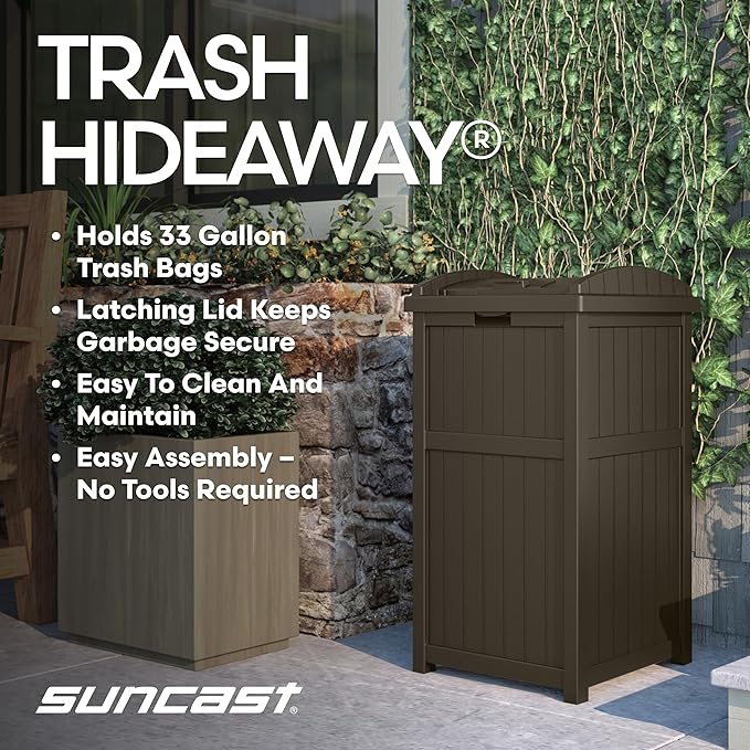 Suncast 33 Gallon Durable Plastic Hideaway Outdoor Garbage Can with Secure Lid and Wicker Design for Home Backyards, Decks, or Patios, Java Brown