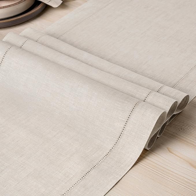 D'Moksha Homes Linen Light Natural Table Runner 108 Inches Long - 100% Pure Linen 14 x 108 Inch Table Runner for Valentines, Spring, Easter - Classic Hemstitch