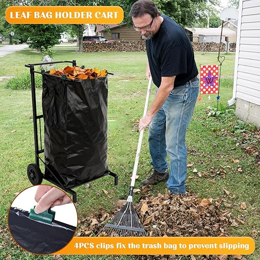 Trash Bag Holder with Wheels, Adjustable Metal Leaf Bag Holder with 4 Clips, Heavy Duty Outdoor Mobile Garbage Bags Cart, Lawn Garbage Bag Stand Holds 35-45 Gallon for Lawn Leaves, Camping, Weeding