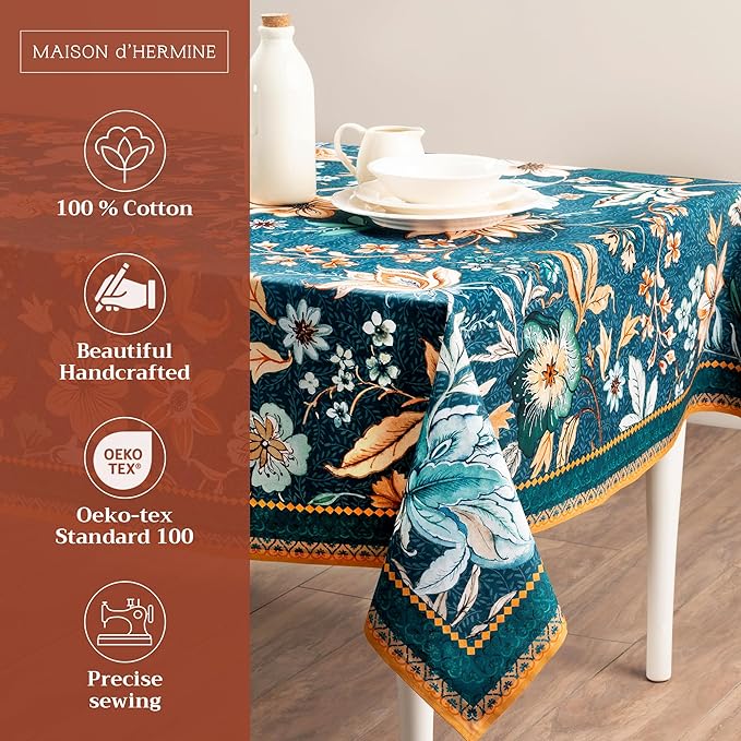Maison d' Hermine Table Cloth Square Table 100% Cotton 60 x 60 Inches Fall Tablecloth Reusable Everyday Use for Thanksgiving Christmas Decorations Dining Farmhouse Party (Luxury Loft - Dark Teal)
