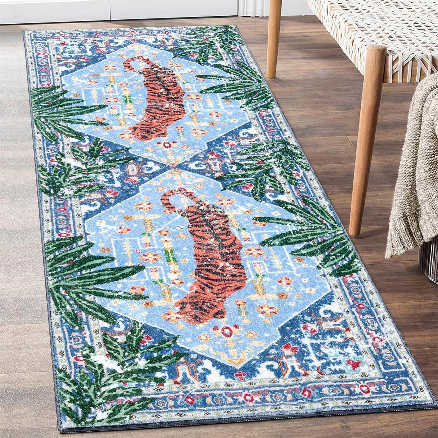 Oriental Tropical Hallway Runner Rug 2x8 Washable, Thin Stain Resistant Blue Boho Runner Rug for Entryway Kitchen Bedroom Laundry, Vintage Abstract Hippie Indian Botanical Long Floor Carpet