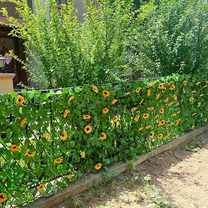 Expandable Fence Privacy Screen for Balcony Patio Outdoor,Decorative Faux Ivy Fencing Panel,Artificial Hedges (Single Sided Leaves) (2, Sunflowers)