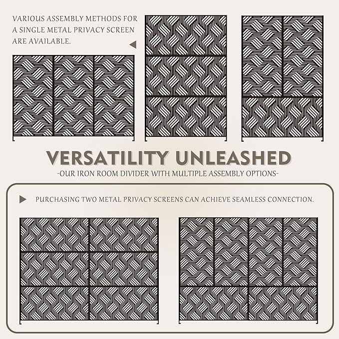 Kozyard Metal Privacy Screen 74" H x 47.2" W Decorative Outdoor Divider with Stand Panels Freestanding Screen Set for Deck Patio Balcony Garden Outdoor&Indoor(Black/Iron Weave)