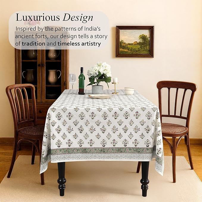 CPC Tablecloth 100% Cotton 60x60 Inch Indian Block Print Square Table Cover, Table Cloth for Weddings, Spring/Summer, Barbeque - Forest Green