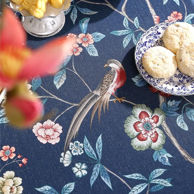 patdrea Designer Dark Blue Linen Rectangular Tablecloth,Vintage Navy French Floral and Birds Pattern Table Cloth,Decoration Table Cover for Kitchen,Dining,Tea Party,Home,Christmas,63"*110"