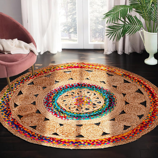 3' Round Handwoven Jute Chindi Area Rug - Colorful Boho Rugs for Living Room - Hand Braided Multicolor Bohemian Rug for Farmhouse, Bedroom, Dining Room, Classroom, Hallway, Kitchen, Office
