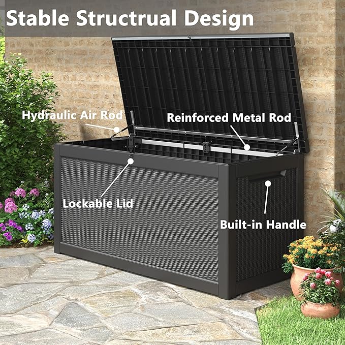 260 Gallon Large Resin deck box Waterproof,Outdoor Storage Bench,Patio Storage Box,Garden Tool Storage,Resin Large Sturdy Deck boxes with Double Wall Panels,Rattan Black