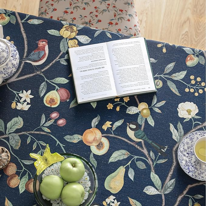 Linen Square Blue Tablecloth,Wrinkle Resistant French Vintage Tablecloth Print with Foral,Decor Table Cloth for Thanksgiving,Dining Room,Home,Kitchen 55" × 55"-DeweyA Blue