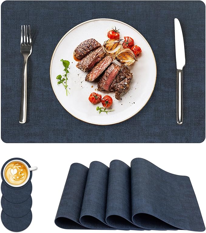 Vinyl Placemats Set of 4, Faux Leather Waterproof and Heat Resistant Place Mats, Washable Anti-Slip Table Mats with Coaster, Wipeable Placemats for Indoor & Outdoor 17" x 12" (Navy Blue, Set of 4)