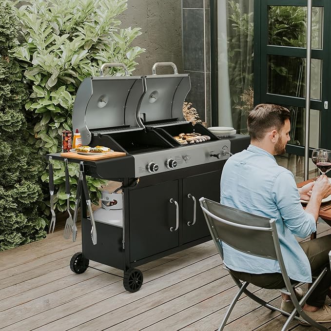 Royal Gourmet ZH3002N Propane Gas and Charcoal Grill Combo, Dual Fuel BBQ Grill with 2 Side Shelves for Outdoor Patio Garden Backyard Barbecue, 20,000 BTUs, Silver & Black