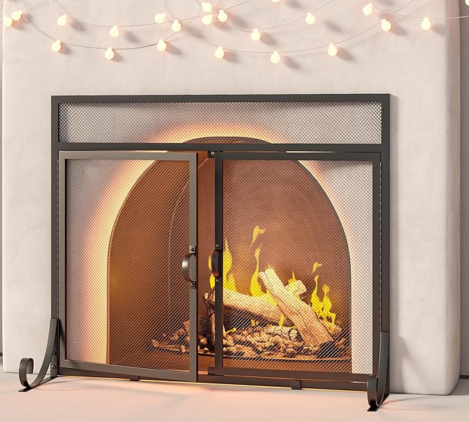 Flat Fireplace Screen with Doors,Solid Wrought Iron Frame with Metal Mesh, Flat Panel Decorative Fireplace Screen with Modern Design, Free Standing Spark Guard