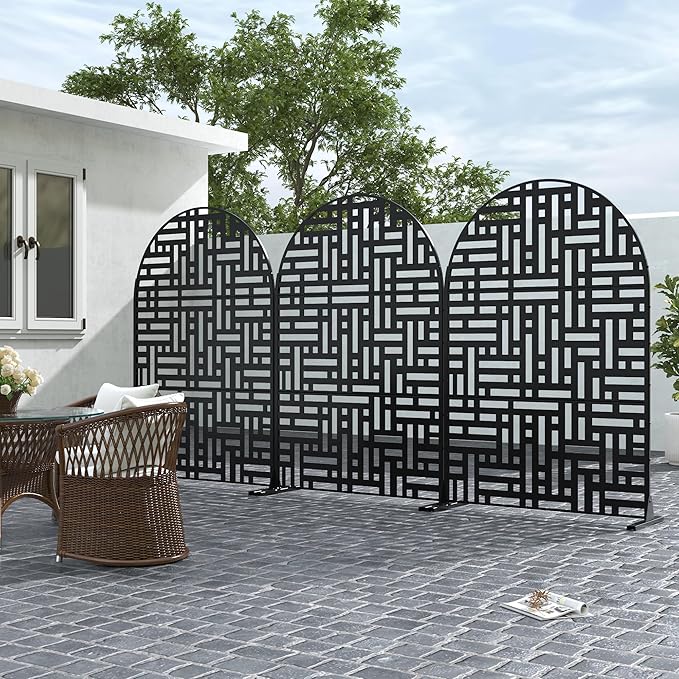 Casaphoria 72" H x 47" W Arched Metal Privacy Screen - Elegant Freestanding Outdoor Screen for Deck, Patio & Balcony - Versatile Decorative Privacy Panels for Home & Garden Use (Black-Helen)