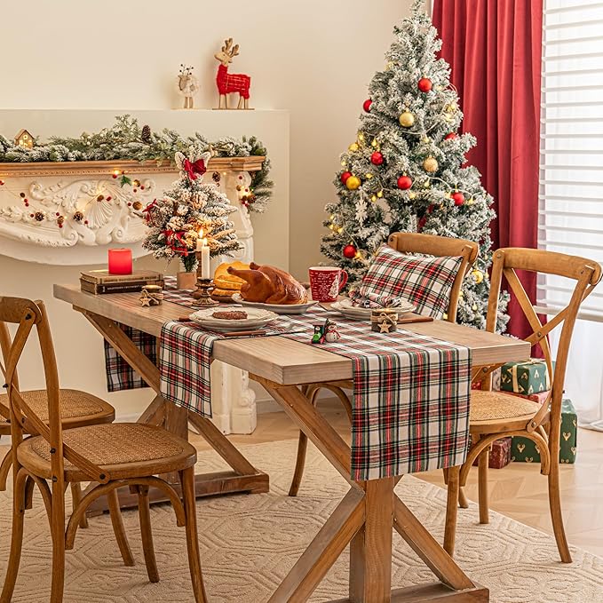 Red White Plaid Christmas Table Runner, Winter Holiday Table Runners 72 inches Long Xmas Decorations Indoor Outdoor Farmhouse Home Kitchen Dining Party Decor