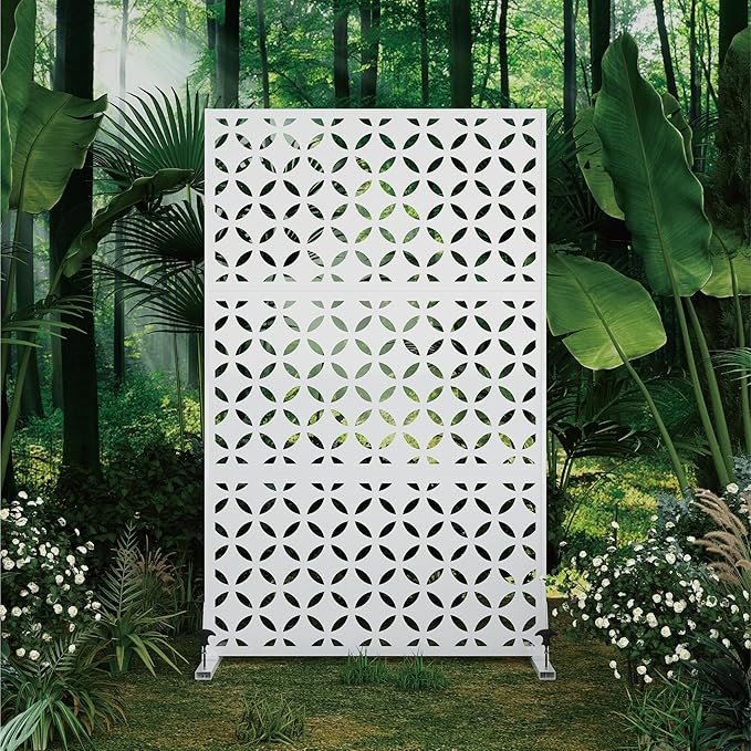 Heavy-Duty Outdoor Privacy Screen for Patio, Balcony, Backyard - 72" H * 44" W Metal Room Divider with Classic Clover Pattern, Anti-Tipping Kit, Weather Resistant, Easy Assembly (White-SYC)