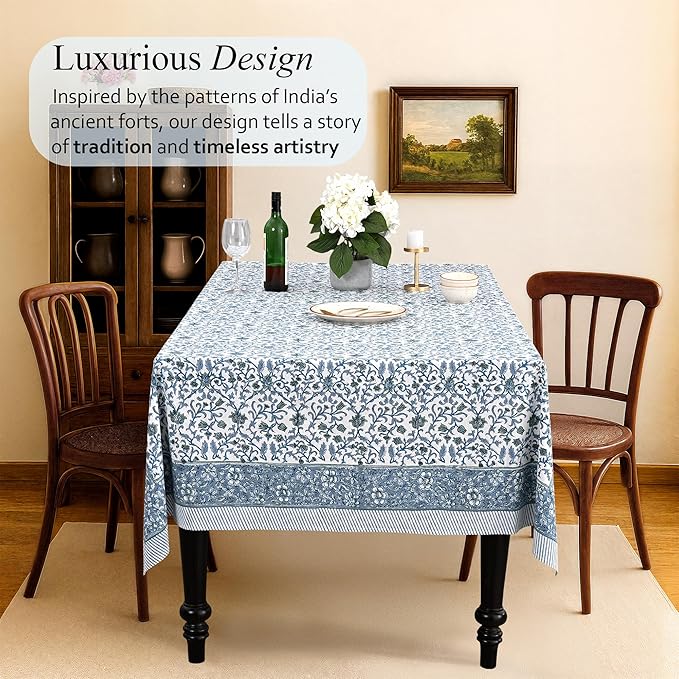 CPC Ocean Vine Tablecloth 100% Cotton 60x60 Inch Indian Block Print Rectangle Table Cover, Table Cloth for Gifting in Weddings, Halloween, Fall, Christmas, Thanksgiving