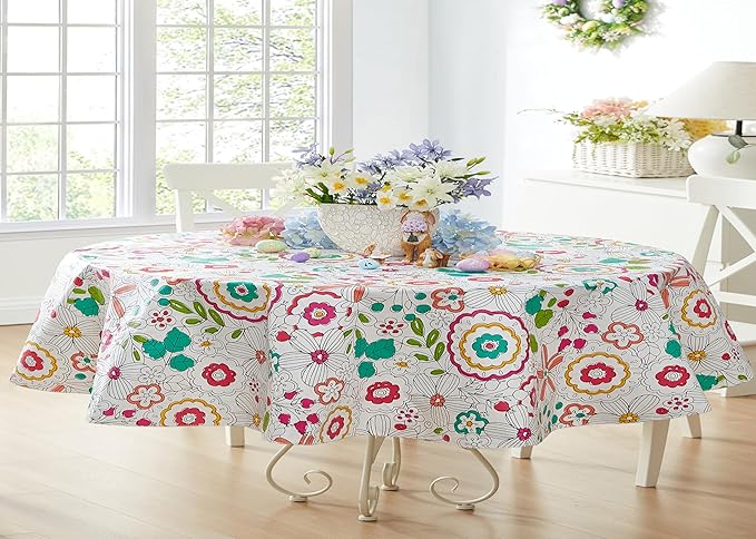 Newbridge Shabby Chic Lily Print 60 x 84 Inch Oval Vinyl Flannel Backed Tablecloth, Pink Yellow and Green Lily Indoor and Outdoor Waterproof Vinyl Table Cover for Spring Holiday Party