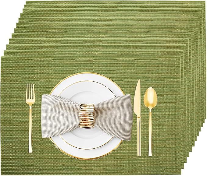 Placemats Set of 12 Washable&Wipeable Place mats for Dining Table Kitchen Indoor Outdoor Table Mats Heat Resistant Non Slip Woven Vinyl Table Placemats (Green，12PCS)