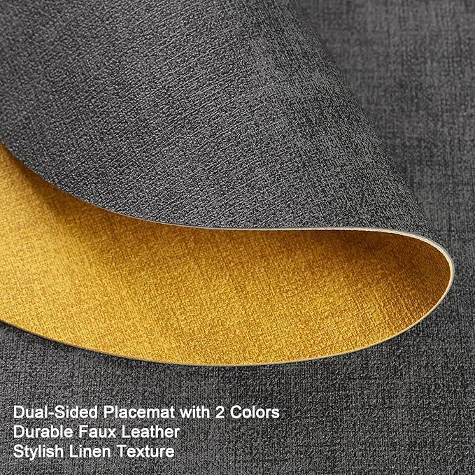 Placemats and Coasters, Washable Reversible Placemats Round Faux Leather Wipeable Place Mats Non Slip Heat Resistant Indoor Outdoor Table Mats (Set of 6, Gray Yellow)