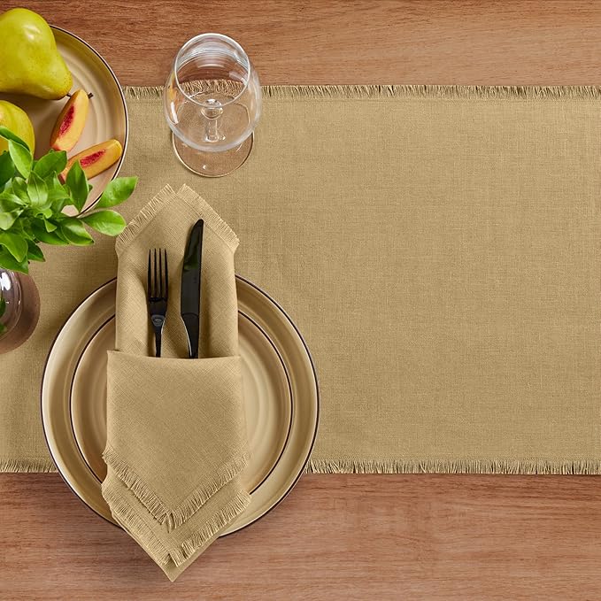 Solino Home Fringe Linen Table Runner 72 Inches Long - 100% Pure Linen Kelp Dining Table Runner 14 x 72 Inch for Spring - Handcrafted and Machine Washable