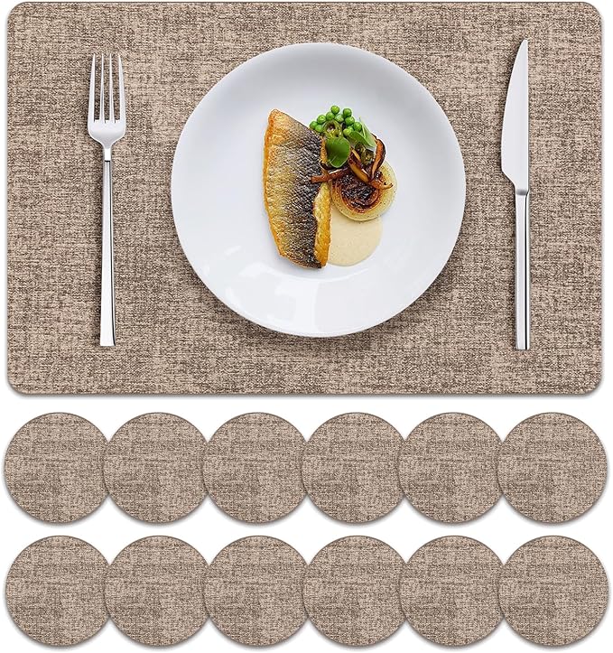 MOSAYT Faux Leather Placemats Set of 12, Heat Resistant Vinyl Place Mats with Coasters, Wipeable Washable 100% Waterproof Oil Proof Table Mat for Kitchen Dining Party Indoor Outdoor, 12" x 17", Khaki