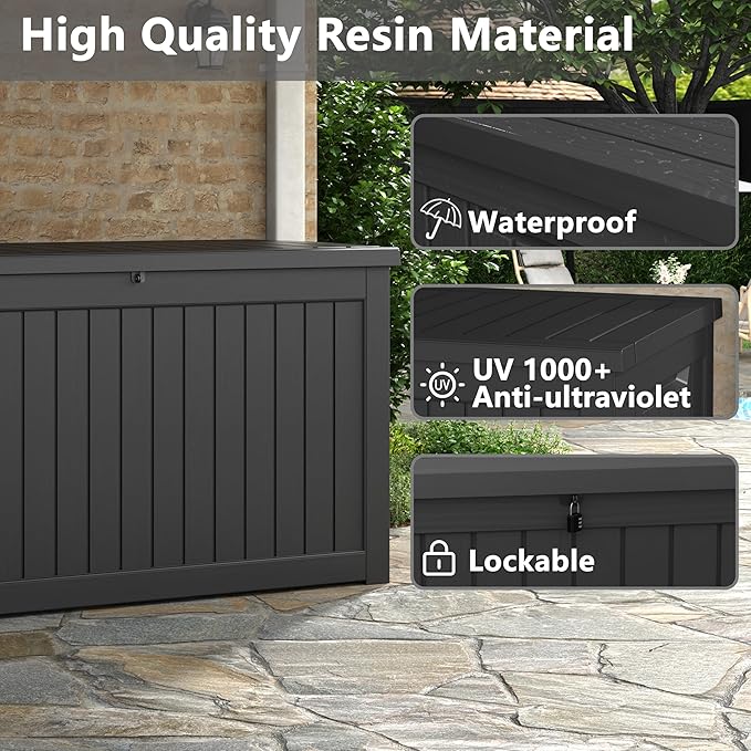 230 Gallon Large Resin deck box Waterproof,Outdoor Storage Bench,Patio Storage Box,Garden Tool Storage,UV-Resistant & All-Weather,Wood-like Striped BLack