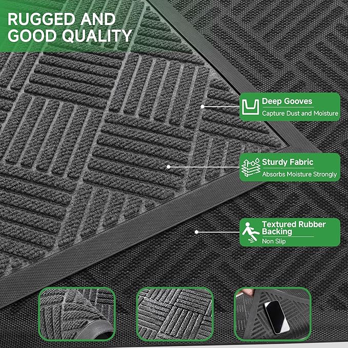 Front Door Mat, Heavy Duty Indoor Outdoor Doormat, 72" x 24" Low Profile Outdoor Mats for Home Entrance, Stain and Fade Resistant Welcome Mat Ideal for High Traffic Area, Diamond Grey