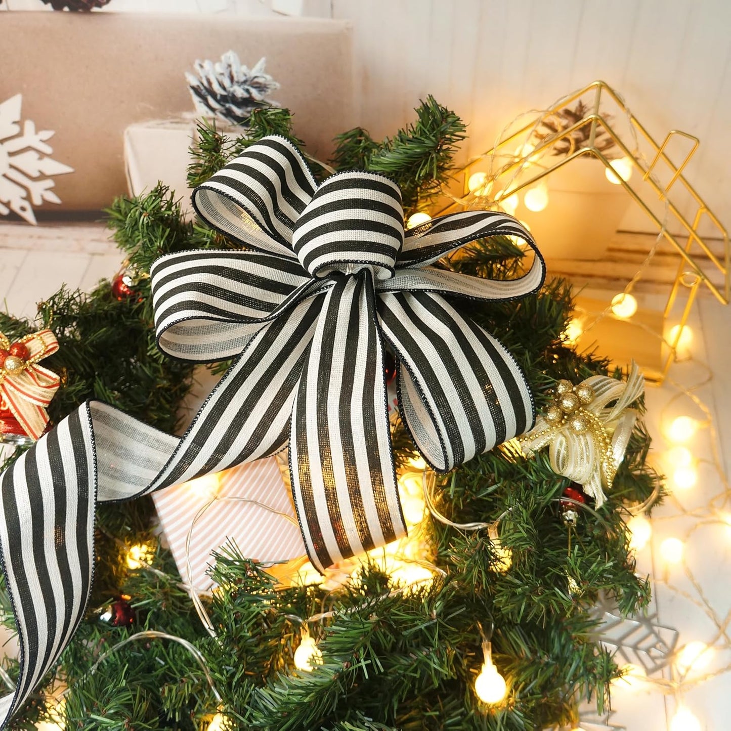 CT CRAFT LLC Striped Canvas Cotton Ribbon 2.5" x 10 Yards Ivory/Black Stripes for Thanksgiving Christmas Home Décor Gift Wrapping Outdoor Tree Topper Bow Wreath