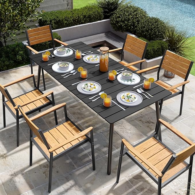 70" Patio Outdoor Dining Table for 6, Weather-Resistant Aluminum Frame with Wood-Grain Top & Umbrella Hole for Deck Gatherings, Black