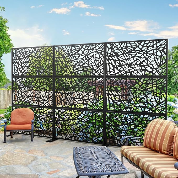 Elevens Metal Outdoor Privacy Screen, Freestanding Outdoor Divider Decorative Privacy Fence Screen,Outdoor Decorative Privacy Screens and Panels for Balcony Patio,72" H×47" W (Black-Mesh)