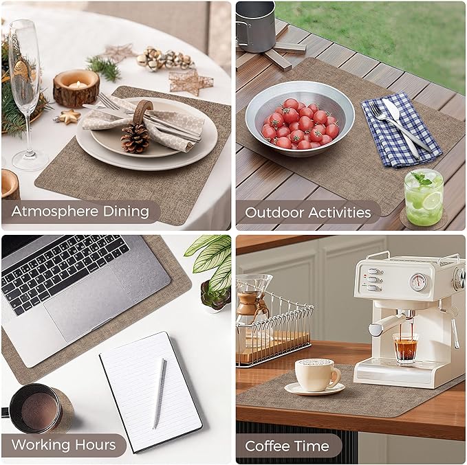 Vinyl Placemats Set of 4, Faux Leather Waterproof and Heat Resistant Place Mats, Washable Anti-Slip Table Mats with Coaster, Wipeable Placemats for Indoor & Outdoor 17" x 12" (Light Coffee, Set of 4)