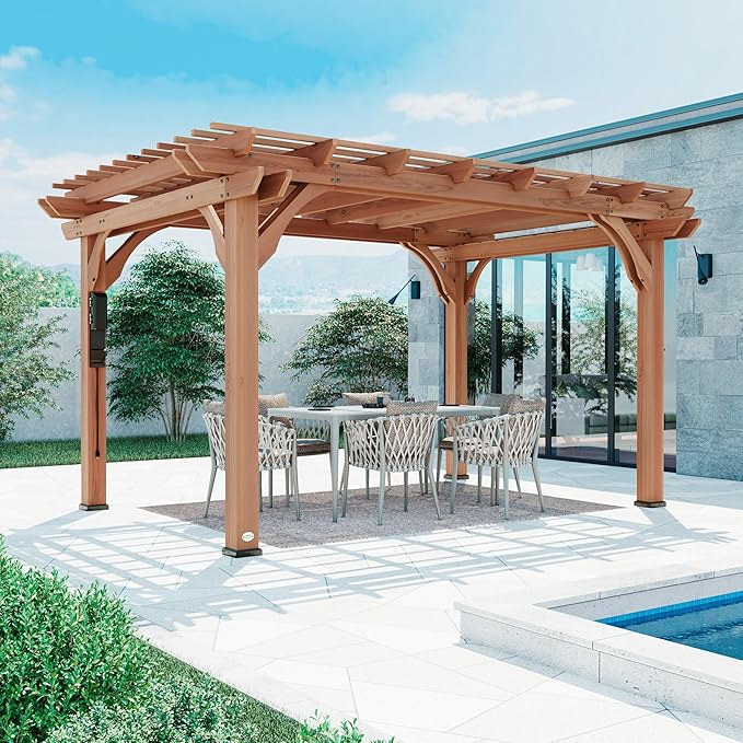 Backyard Discovery Beaumont 14' x 10' Traditional Cedar Wood Pergola Kit with Trellis Roof, All-Season Durability, High-Wind Rating, PowerPort, Shade for Outdoor Patio, Deck, Garden, and Entertaining