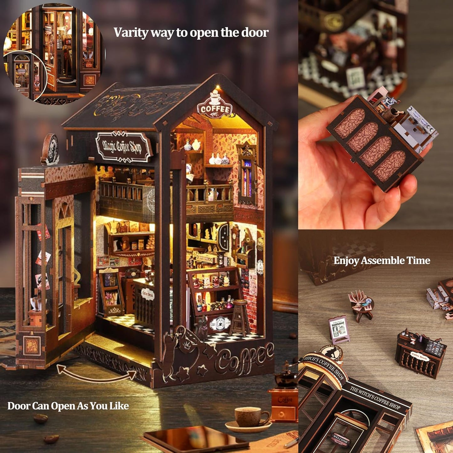 ISSEVE Book Nook Kit - DIY Miniature Dollhouse Booknook for Adults Teen, 3D Wooden Puzzle Tiny House Kit Bookshelf Decor, Gifts for Men Women Halloween Christmas Birthday (Coffee Shop)