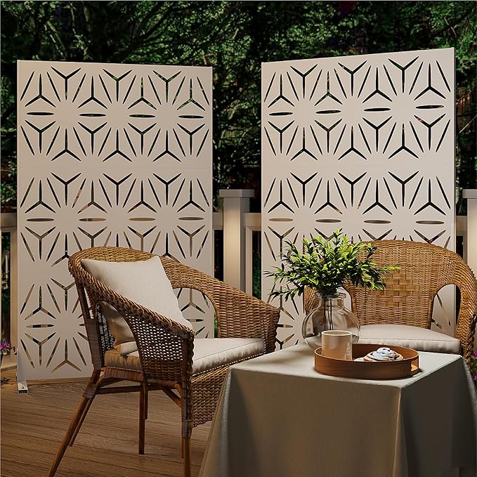 Heavy-Duty Outdoor Privacy Screen for Patio, Balcony, Backyard - 72" H * 44" W Metal Room Divider with Modern Geometric Pattern, Anti-Tipping Kit, Weather Resistant, Easy Assembly (White-SJX)