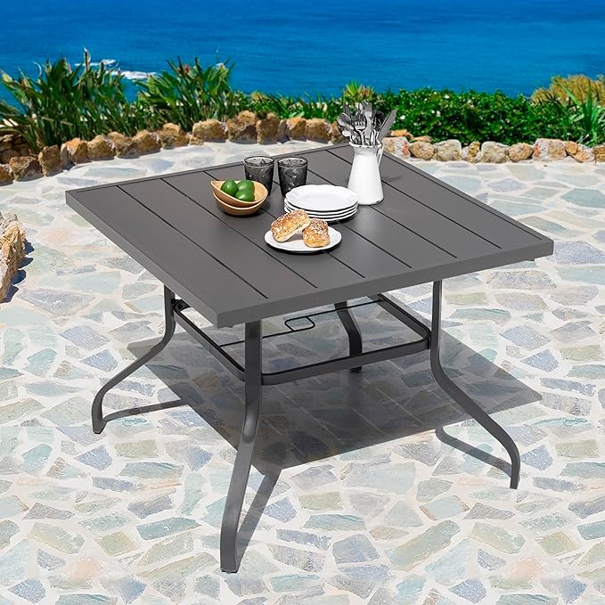 NUU GARDEN 37" Outdoor Patio Table, 4 Person Steel Slat Square Dining Table with 1.57" Umbrella Hole, Slatted Top and Powder Coated Iron Frame for Patio, Garden and Balcony, Gray