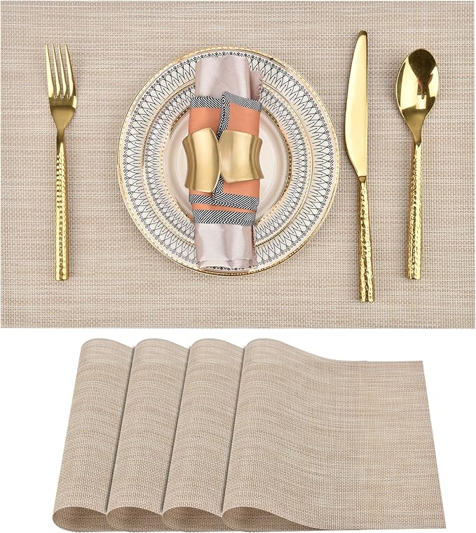 SLKQG Placemats Set of 4 - Easy Clean Washable Vinyl Placemats - Wipeable Heat Resistant Table Mats for Dining Table - 17.7x11.8 Inch (4, Beige)