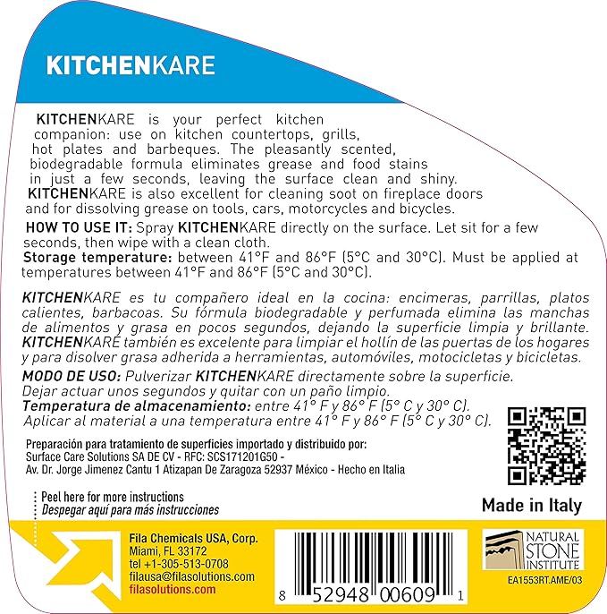 FILA Surface Care Solutions, KITCHENKARE, Heavy Duty Degreaser Cleaner for Kitchen, Grill, Oven, Fireplace; BBQ Cleaner Spray, Desengrasante de Cocina, Degreasing Detergent Bike Chain, 24OZ