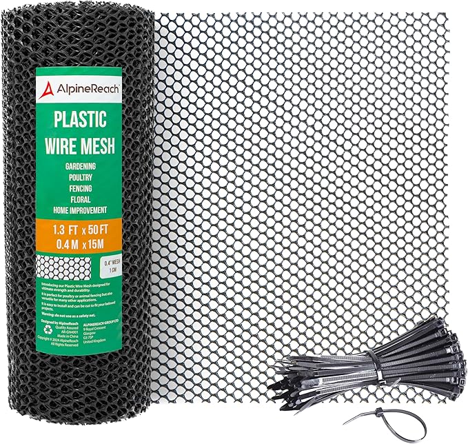 AlpineReach Plastic Wire Mesh 1.3ft x 50ft (15.7" x 600") Fence Roll with Zip Ties - Ideal for Poultry, Dogs, Rabbit Barrier & Gardening, Durable Chicken Mesh, Versatile Rigid Fencing & Netting, Black