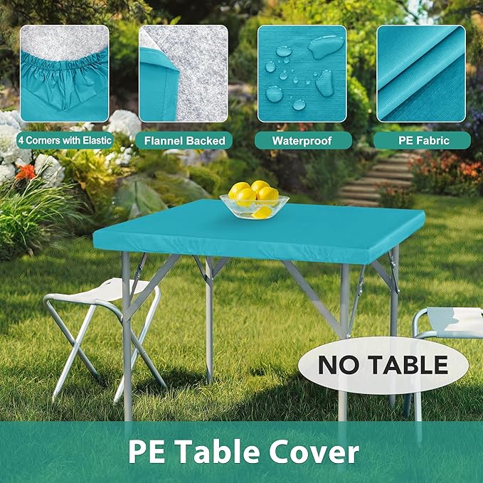 LUSHVIDA 2 Packs Vinyl Card Tablecloth with Flannel Backing 34x34 inch - Waterproof Plastic Picnic Table Cover for Square Folding Table Cloth with Elastic Corners, Teal