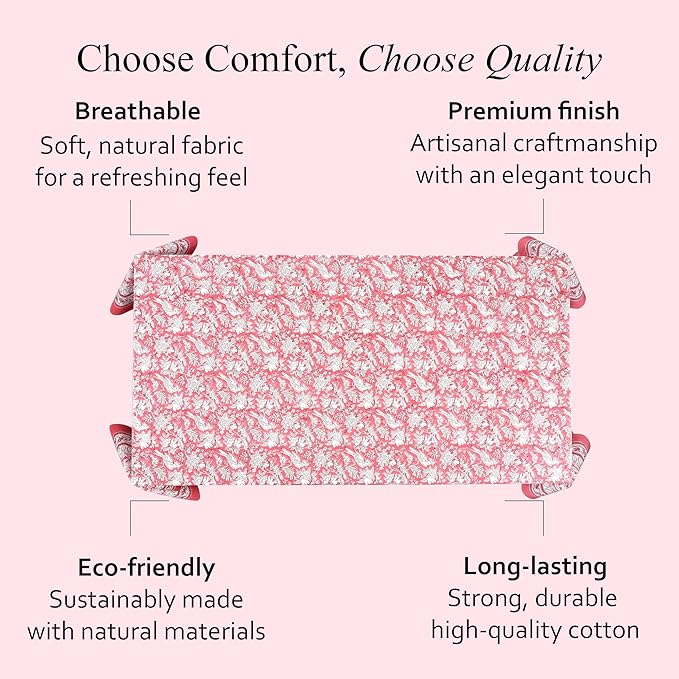 CPC Tablecloth 100% Cotton 60x90 Inch Indian Block Print Rectangle Table Cover, Washable Table Cloth for Weddings, Spring/Summer, Barbeque - Coral Pink