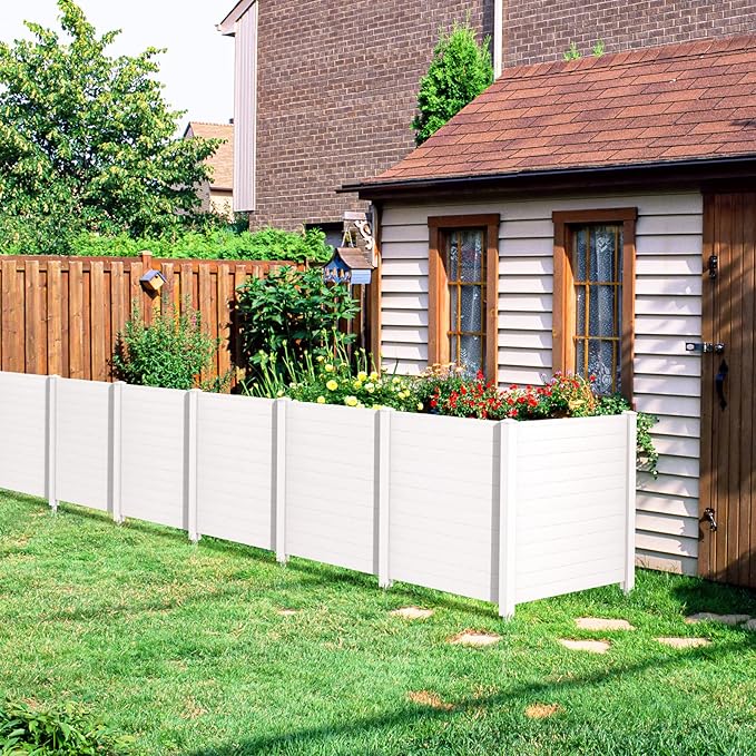 Giantex Outdoor Privacy Screen 4 Panels, 48''W x 48''H Decorative Air Conditioner Fence Trash Can Enclosure with 3 Stakes, Easy Assembly, PVC Vinyl Picket Fences for Garden Patio Lawn, White