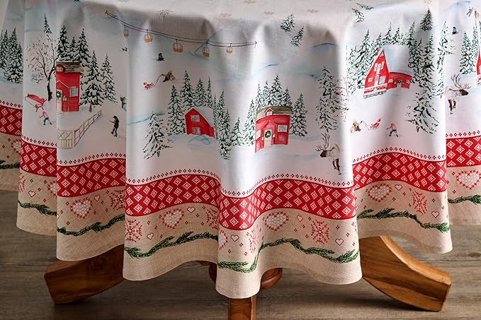 Maison d' Hermine Table Cloth Round Table 100% Cotton 69 Inches Fall Tablecloth Reusable Everyday Use for Thanksgiving Christmas Decorations Dining Farmhouse Party (Rural Christmas)