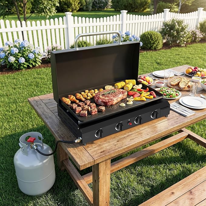 4 Burner BBQ Gas Griddle with Hood, 30 Inch Stainless Steel Portable Detachable Propane Griddle, 60,000 BTU Flat Top Grill with Lid for Camping, Black