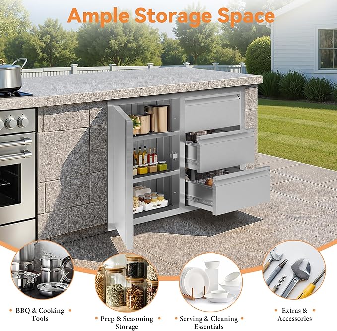 Jocisland Outdoor Kitchen Drawers 28" W×23" D×23" H Stainless Steel Drawers for Outdoor Kitchens, 3-Tier Cabinet & 3-Drawer Combo, Built-in BBQ Island Storage