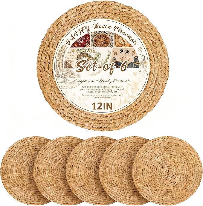 Round Woven Placemats 12 inch Set of 6 - Boho Farmhouse Natural Rattan Table Mats for Dining, Circular Place Mats for Kitchen Table Decor, Farmhouse Weave Placematsfor Dining Table Decor