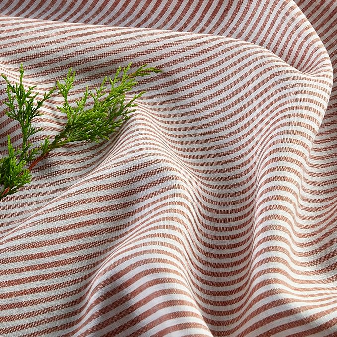 Solino Home Linen Table Runner 48 Inches - Narrow Stripe 100% Pure Linen Cinnamon and White Table Runner 14 x 48 Inch Ideal for Dresser and Coffee Tables