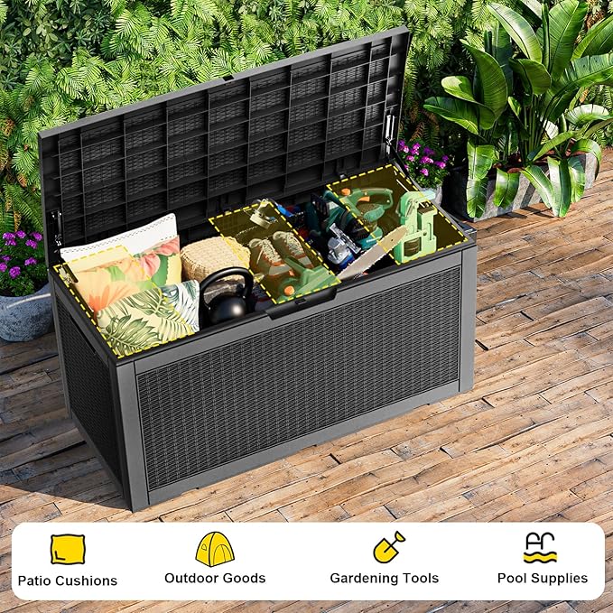120 Gallon Deck Box,Resin Outdoor Storage Box with Lockable for Patio Furniture, Pool Accessories, Garden Tools Waterproof Outside Storage Box, Black